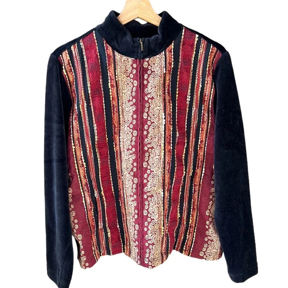 Coldwater Creek Mixed Media Tapestry Velvet Boho Zipper Jacket Cardigan. Sz L